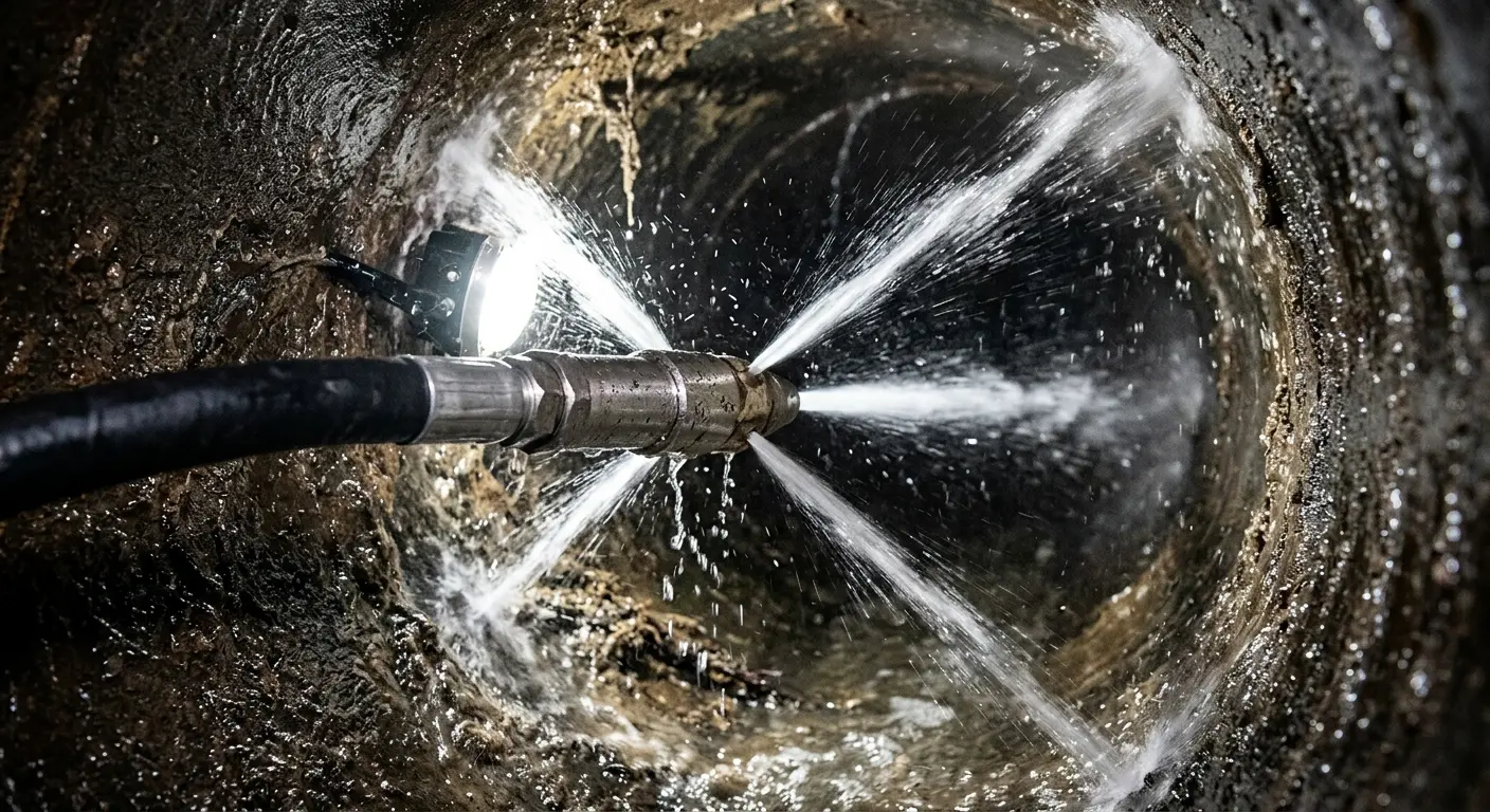 High-pressure hydro jetting nozzle cleaning sewer pipe for Trenchless Sewer Repair in Falmouth