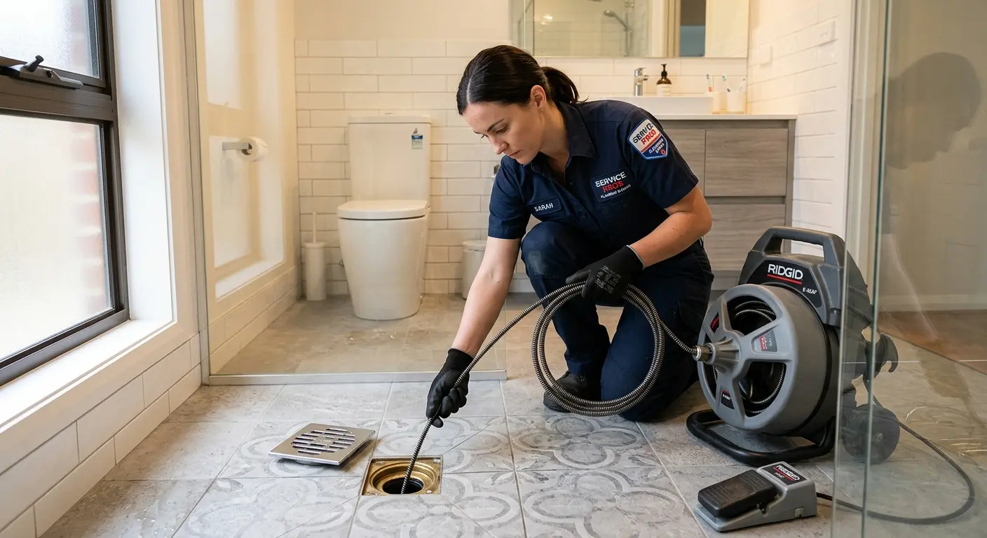 Technician clearing a bathroom floor drain for Sewer Line Replacement in Falmouth